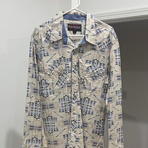 Roar Men's Casual Beige and Blue Geometric Shirt